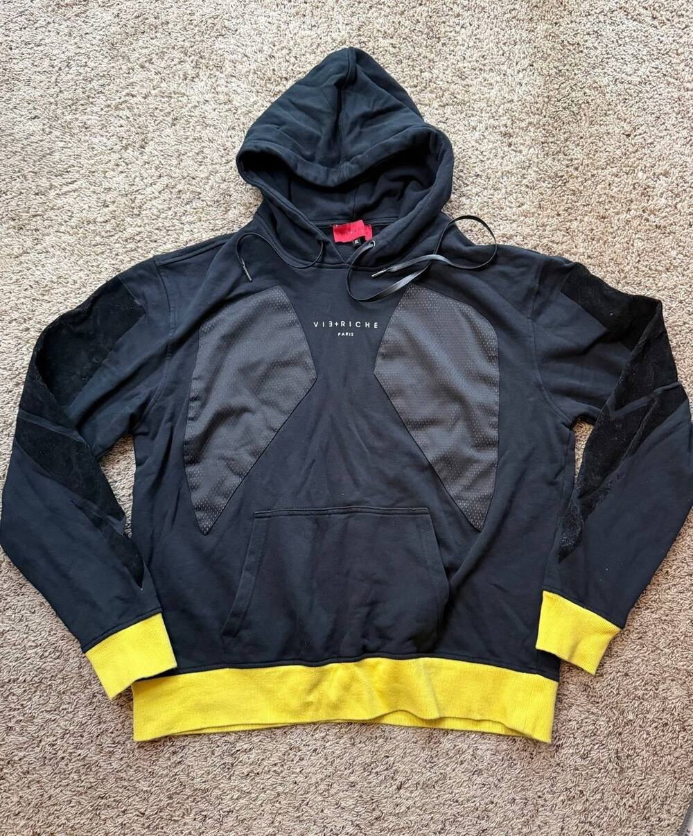 VIE+RICHE Paris Mens Hoodie Black Yellow Corduroy inserts XL size